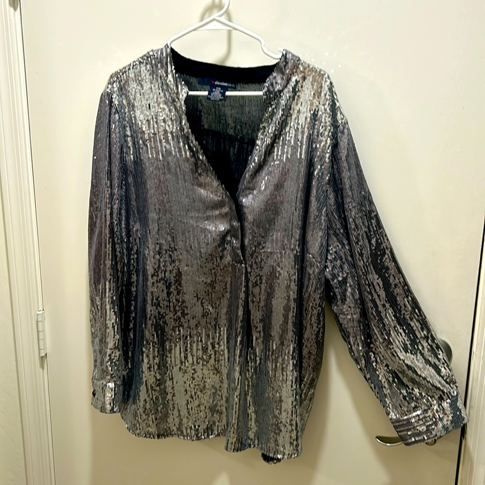 Disco baby!! Silver long sleeve, button-down sequins shirt